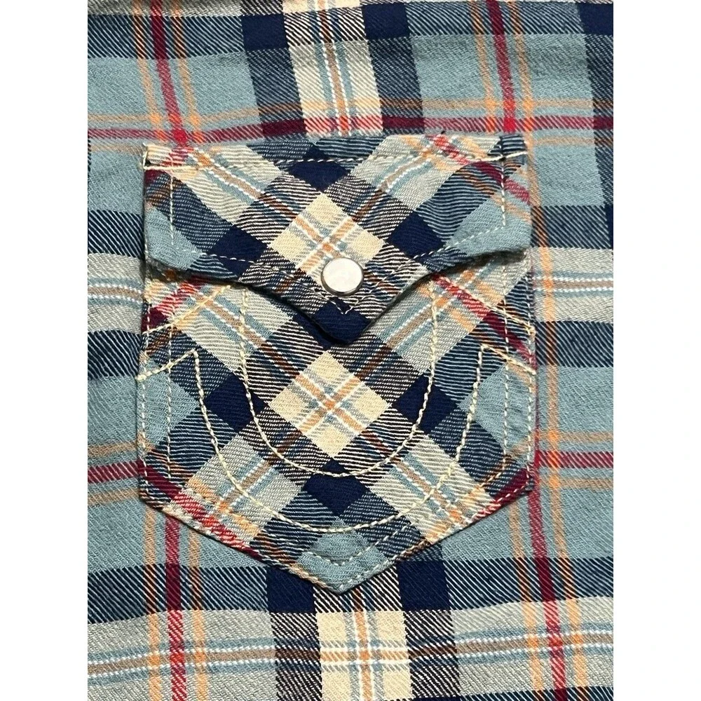True Religion Men's Pearl Snap Flannel Shirt Plaid Med Western Wear Cotton